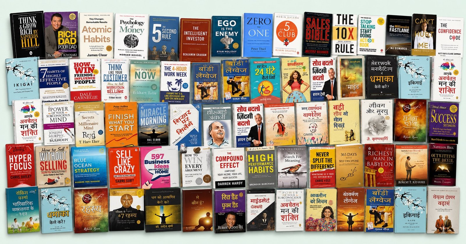 A wall of bestselling titles included in the library, in Hindi and English